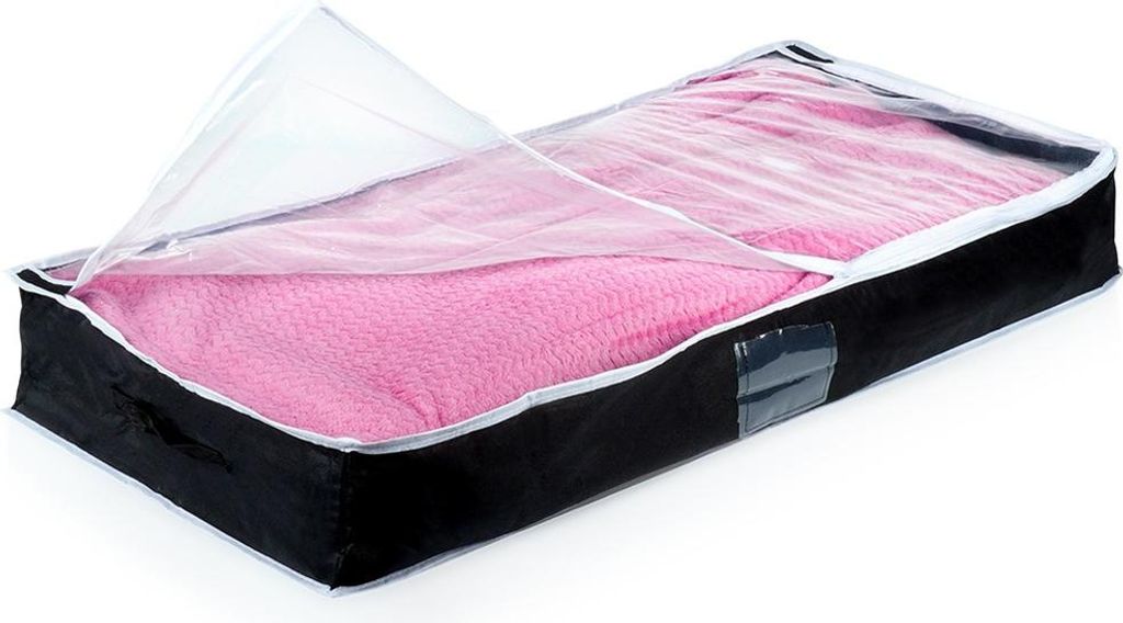 A pink blanket inside a black storage bag with a clear lid.