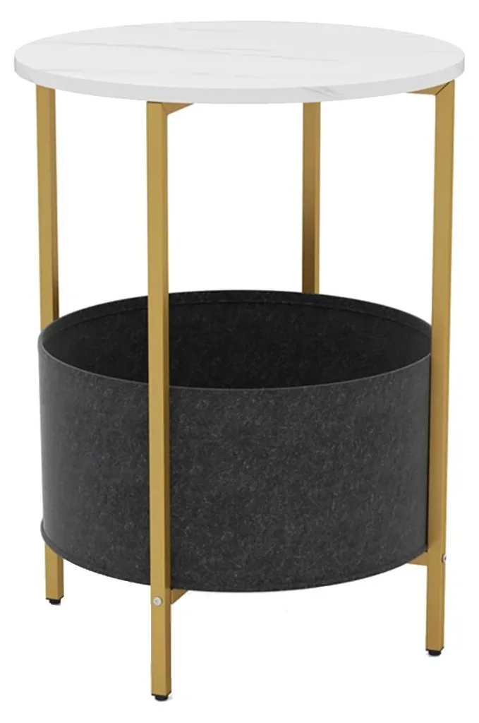 Table d'appoint ronde blanche avec panier en feutre et structure métal