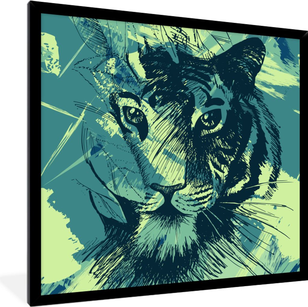 MuchoWow MuchoWow Gerahmtes Poster Tiger - Grün - Abstrakt 40x40 cm - Poster mit zchwarzem Bilderrahmen - Mit Rahmen - Wanddekoration Schlafzi...