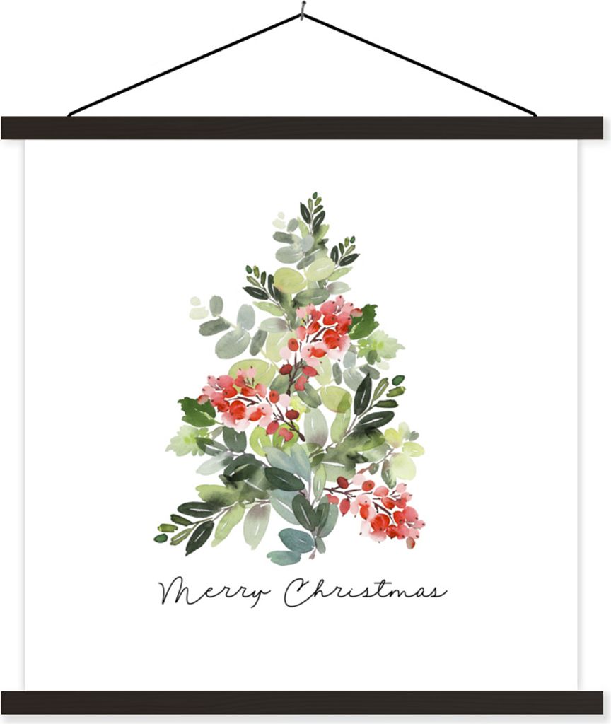 MuchoWow Textilposter Weihnachten - Aquarell - Weihnachtsbaum 60x60 cm mit schwarzem Rahmen - Posteraufhänger