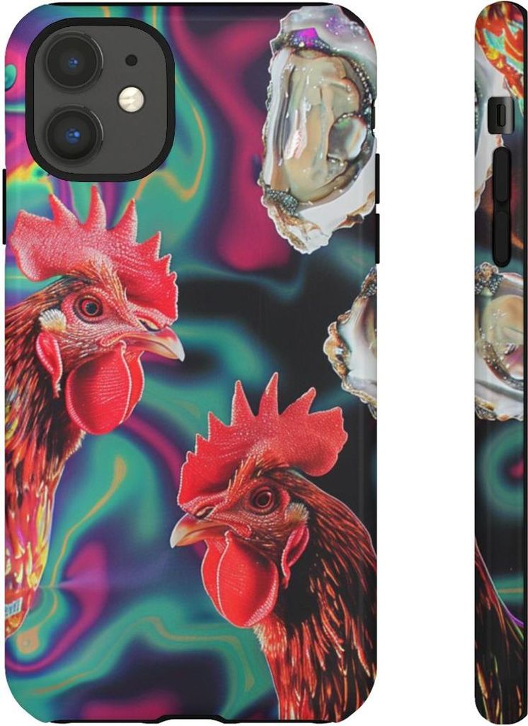 Leuchtende Hähne und Austern auf schimmerndem Perlmutt-Hintergrund – Hülle Kompatibel mit iPhone 11