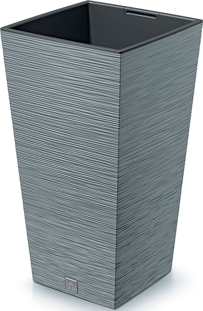 A tall, square-shaped planter with a textured gray exterior sits on a white surface.