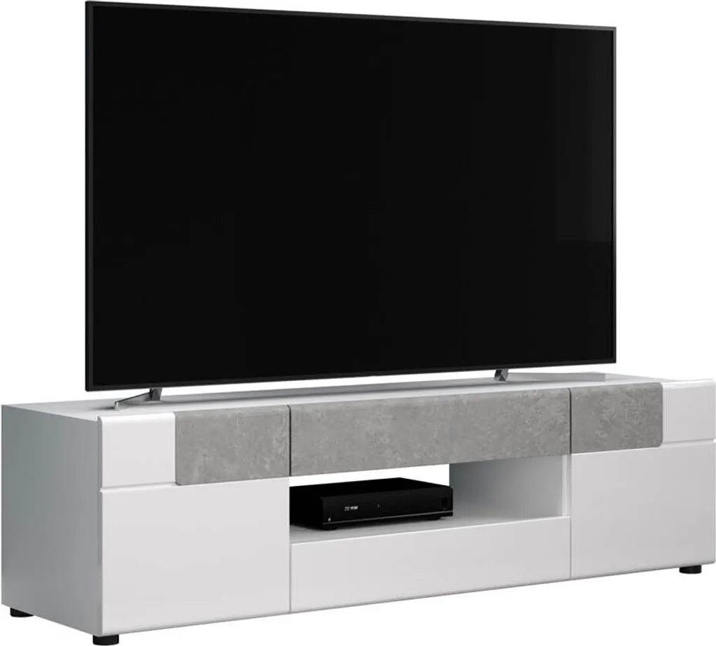 Meuble TV blanc laqué Tokyo avec 2 tiroirs et double étagère média