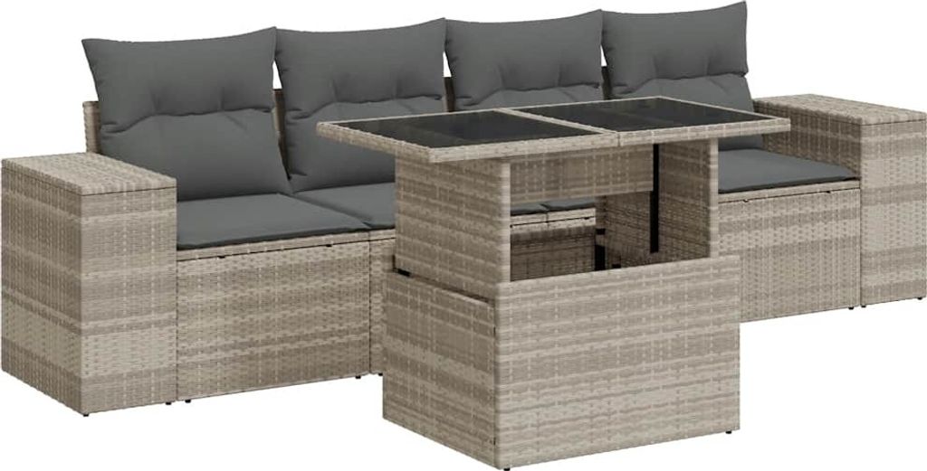 vidaXL 5-tlg. Garten-Sofagarnitur mit Kissen Hellgrau Poly Rattan