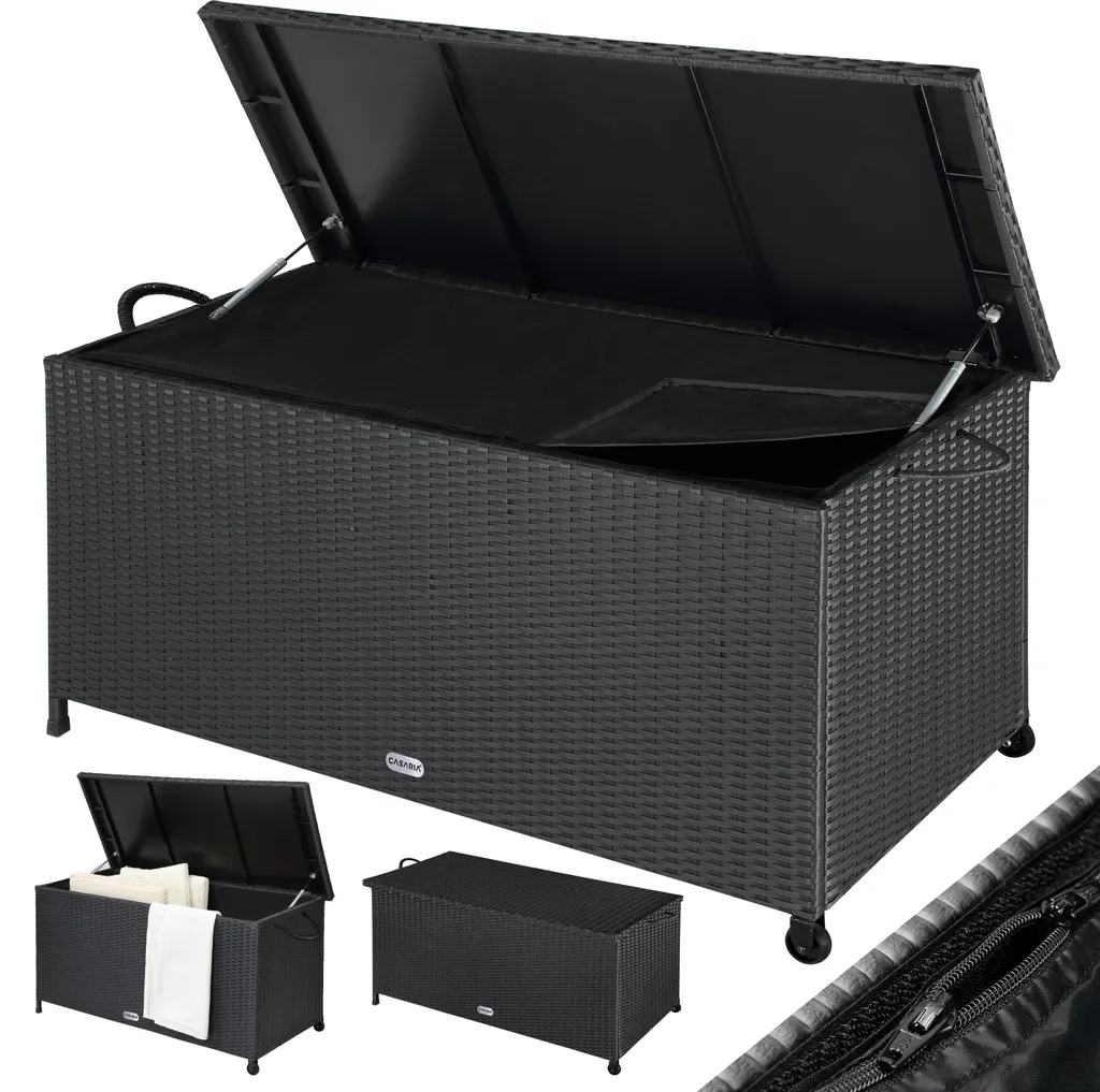 CASARIA Coffre de Jardin XXL Noir 270L en Polyrotin avec Roulettes
