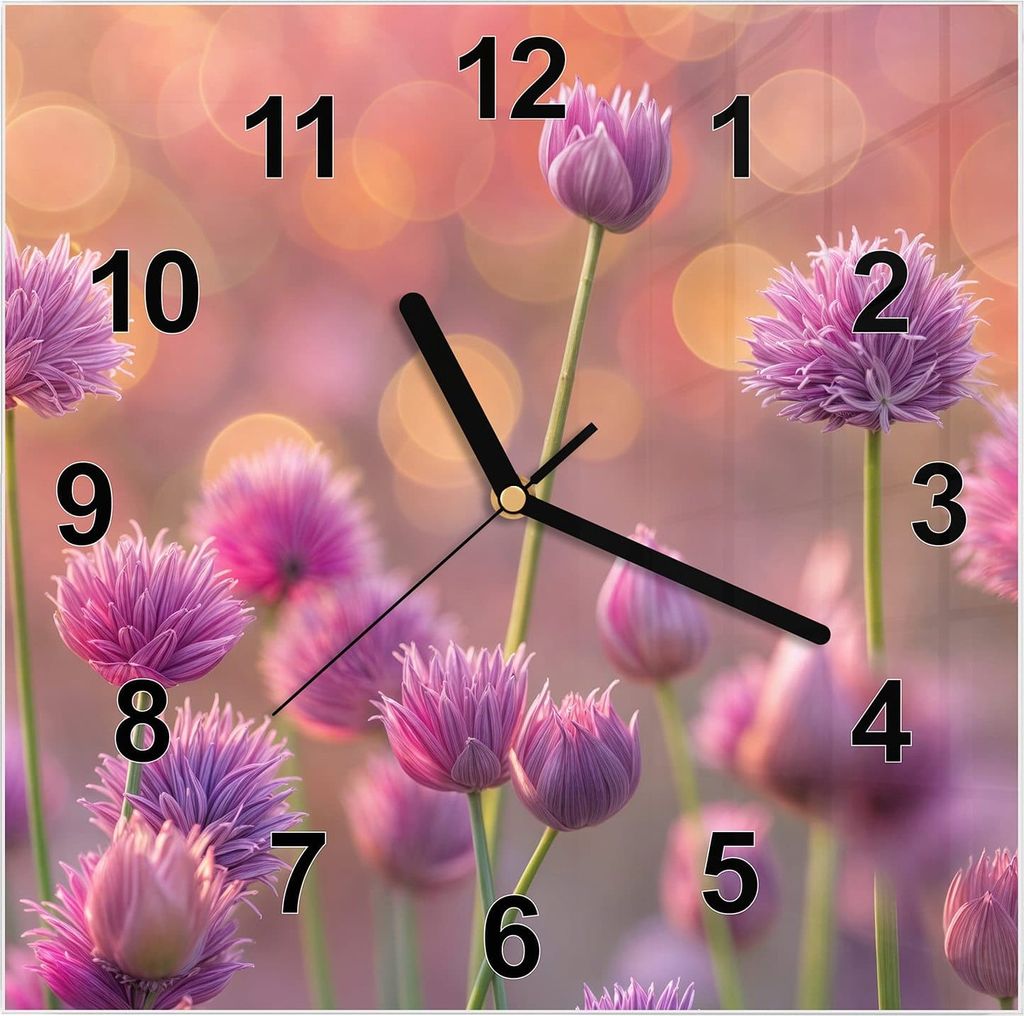 Wanduhr aus Glas mit Motiv Blühende Zierlauch- 30 x 30 cm - inkl. Aufhängesystem