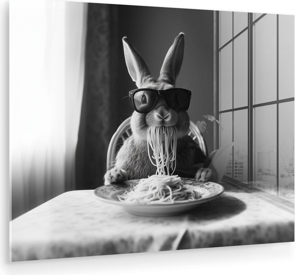 MuchoWow Glasbilder - Bilder auf Wandbild - Foto auf Glas Kaninchen - Hase - Sonnenbrille - Tischtuch - Nudeln - Niedlich 80x60 cm Wanddekoration a...