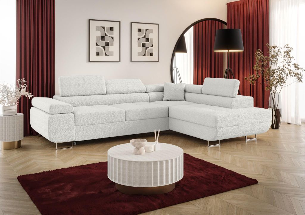 Ecksofa Schlafsofa Sofa MONARO Stoff Quelle Weiss Ottomane Rechts