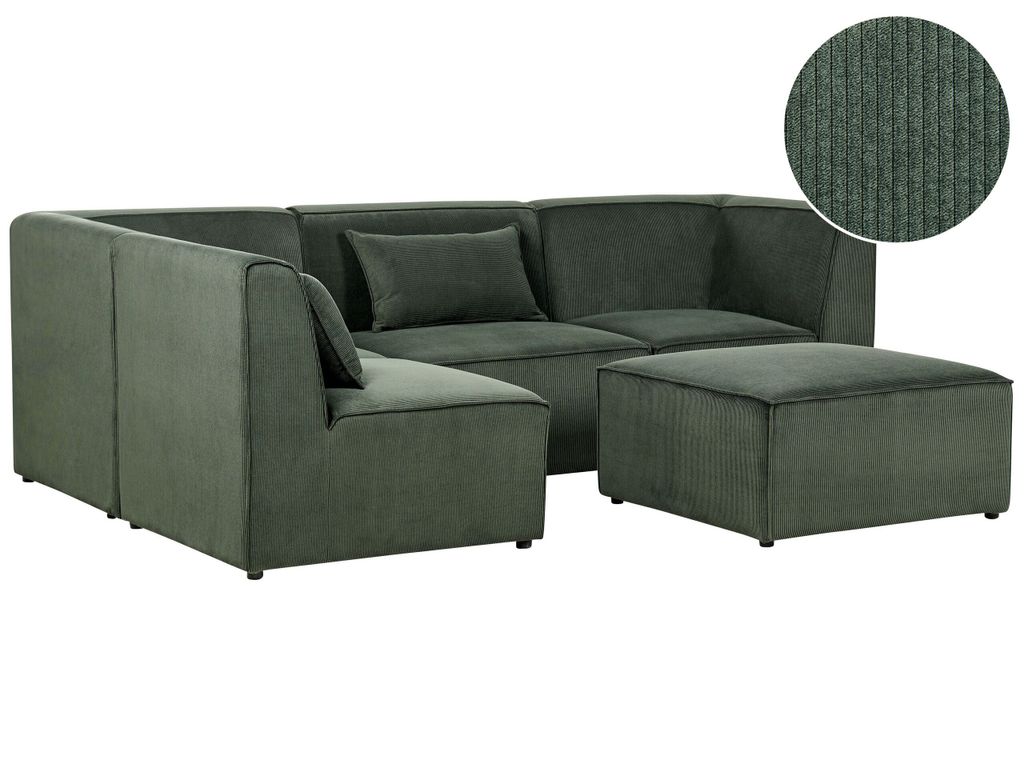 BELIANI Sofa mit Ottomane Grün Stoffbezug aus Cord Rechts mit Armlehnen Kissen 4-Sitzer Modulsofa Ecksofa Wohnzimmermöbel Modern Wohnecke Sitzecke