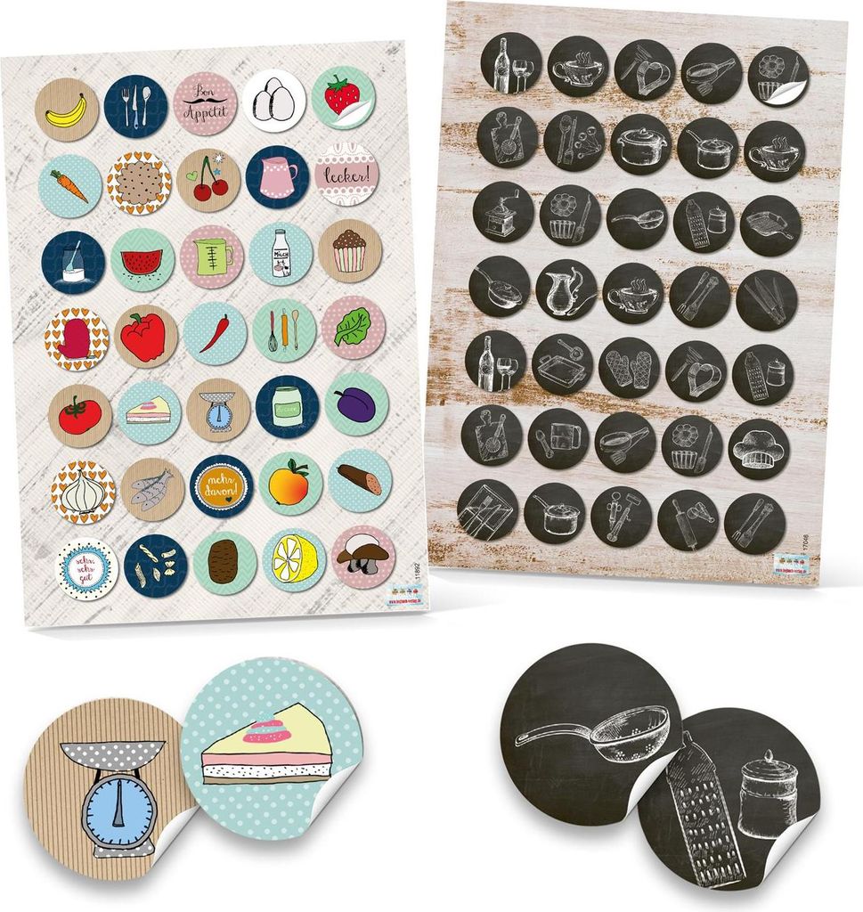 70 runde 3 cm Küchensticker Küchenaufkleber Aufkleber Küche Obst Besteck Essen Gastronomie Sticker Küchendeko Vintage bunt Deko