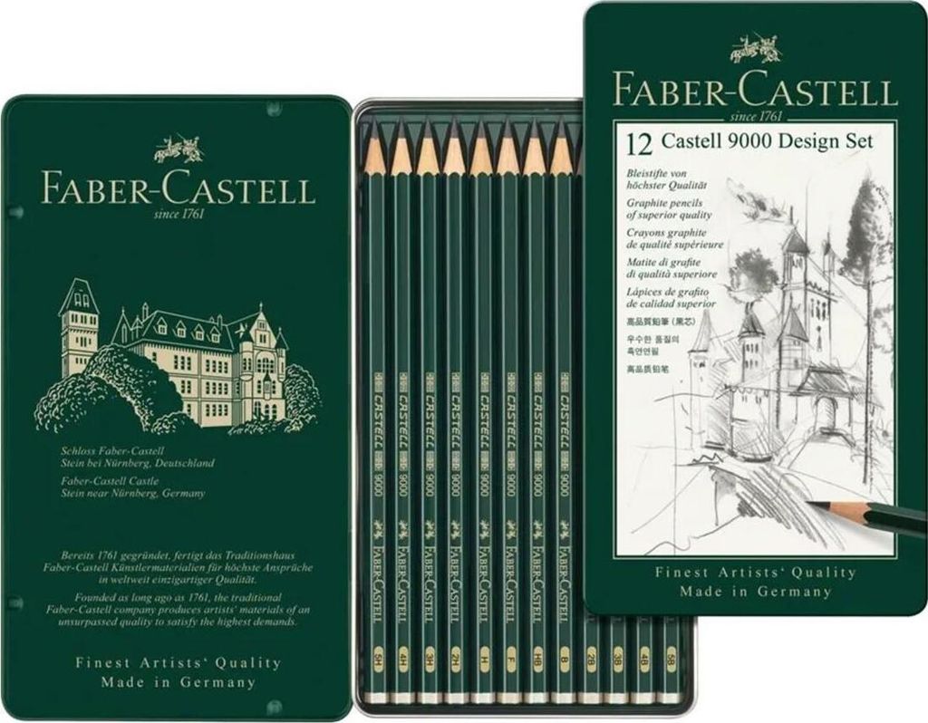 A set of Faber-Castell Castell 9000 Design pencils in a metal tin, with the packaging displayed.