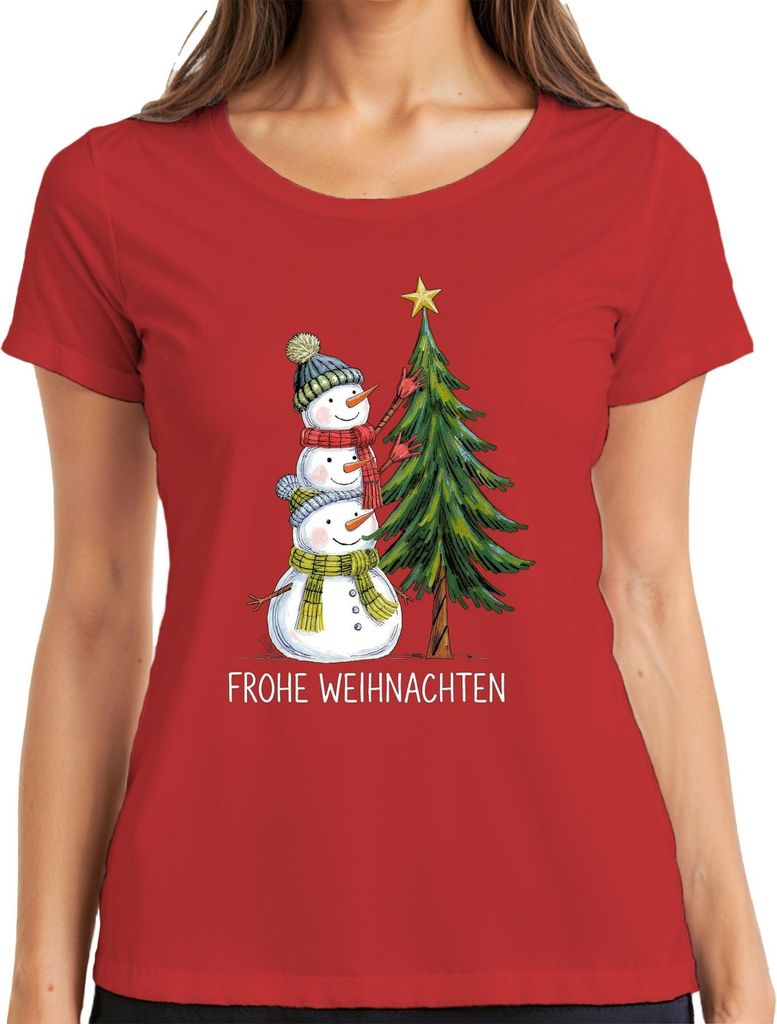 Frohe Weihnachten Schneemänner Weihnachtsbaum Niedlich Kinder Damen T-Shirt, Rot, L