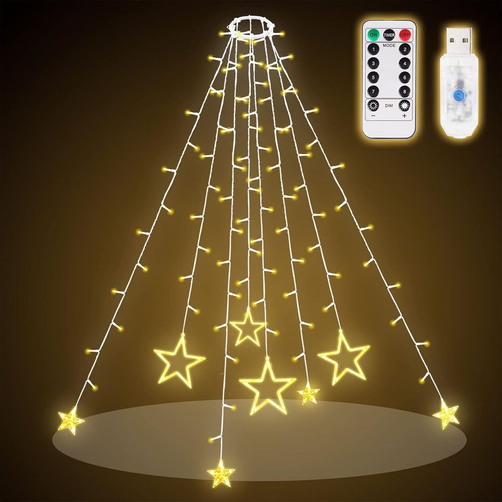 Salcar LED Lichterkette Weihnachtsbaum 2m 188 LED mit Ring Sterne Lichterkette Weihnachten Lichtervorhang Warmweiß