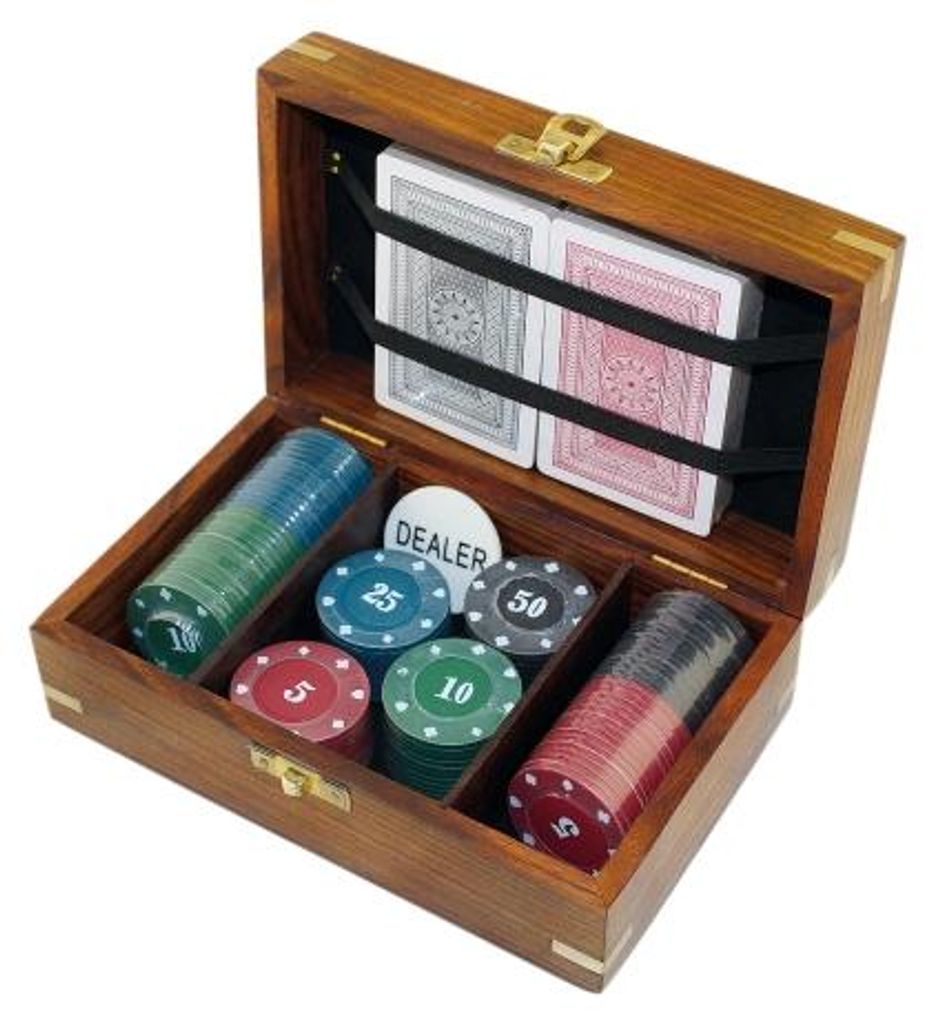 Poker-Set Holzbox maritim 100 Chips doppeltes Blatt
