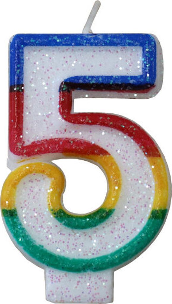 Tortenkerze, Zahlenkerze "5" Bunt glitzernd mit Halter für Geburtstagstorte, Jubiläum, Hochzeit