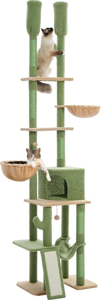 Purpurra Kratzbaum Deckenhoch Moderner Kaktus Katzenkratzbaum doppelt Post mit großer Höhle Grün, 230cm