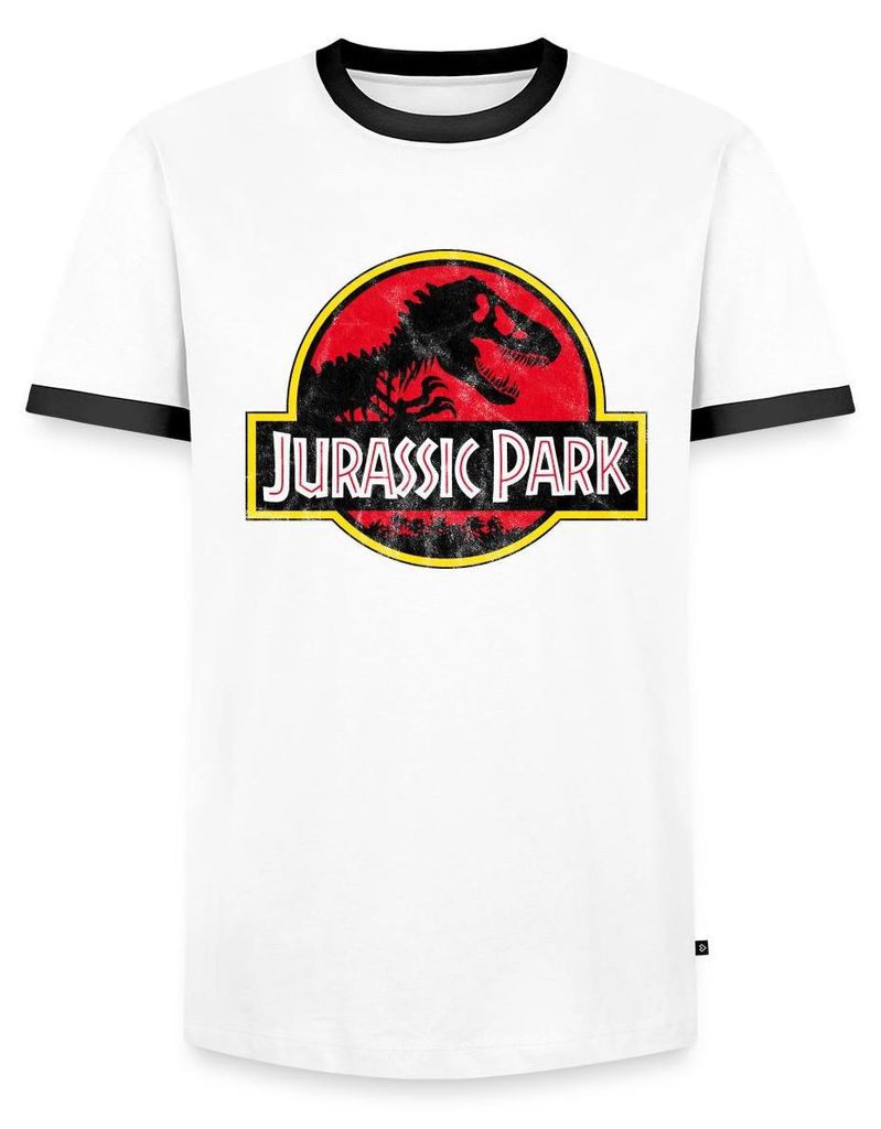 Spreadshirt Jurassic Park Klassisches Logo In Rot Mit T-Rex Männer Kontrast T-Shirt, XXL, Weiß/Schwarz