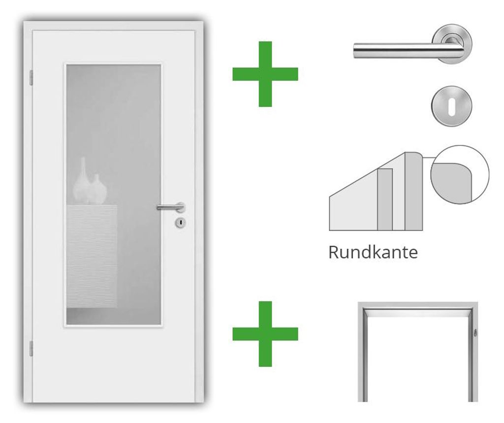 Türenset CPL Weiß RAL 9010 mit Lichtausschnitt (ohne Glas) -Türblatt, Zarge, Drückergarnitur