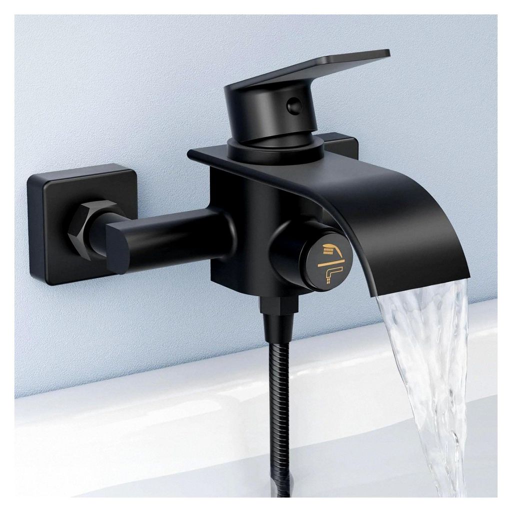 Badewannenarmatur Wasserfall Schwarz, Mischbatterie für Badewanne, Messing Wasserhahn mit Druckschalter, Duscharmatur für Wandmontage - Schwarz