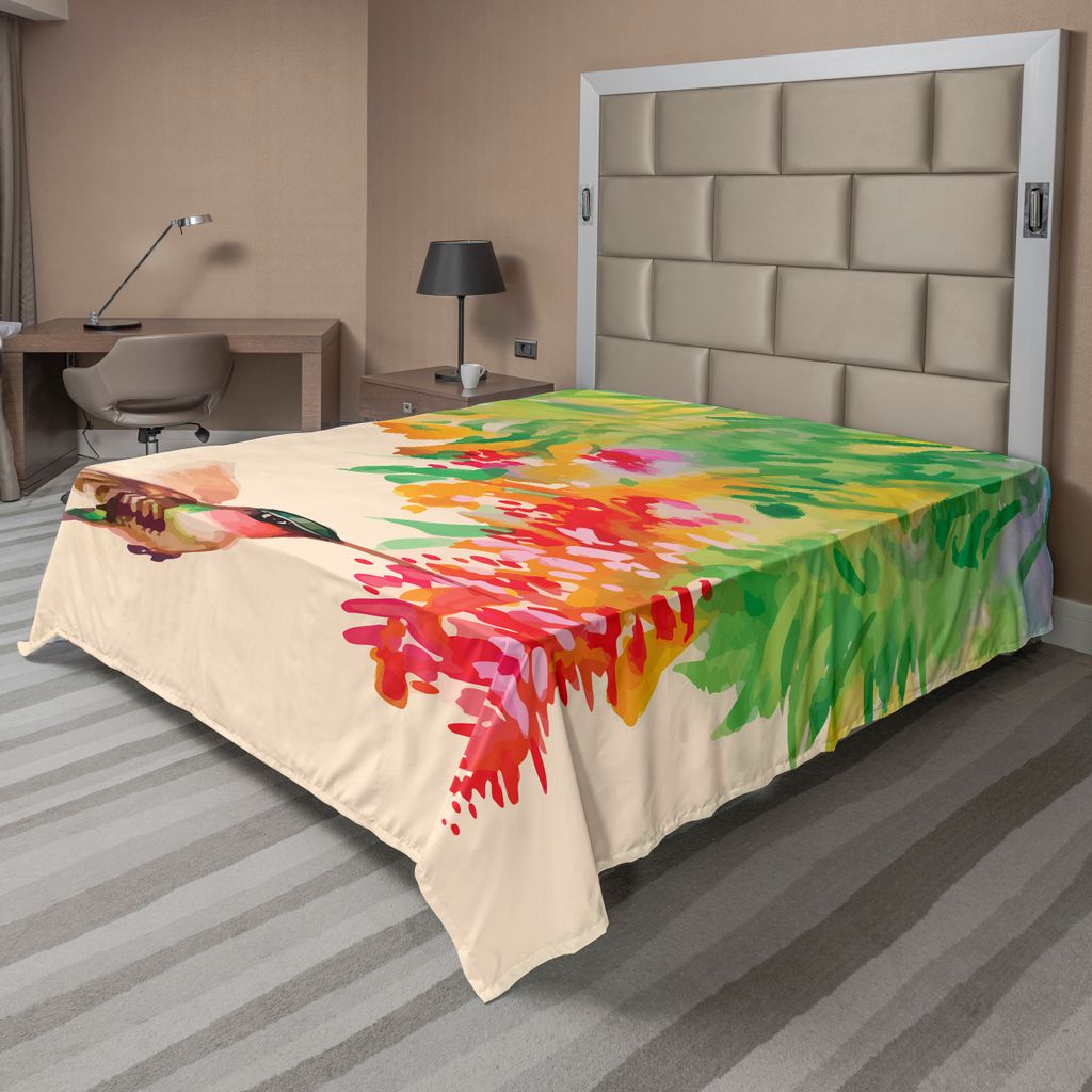 ABAKUHAUS Kolibri Bettlaken, Bild Des Colibri Vogels Und Der Blumen Exotische Baum Blüte Im Aquarell Effekt, weiches bequemes oberes Bettlaken fü...