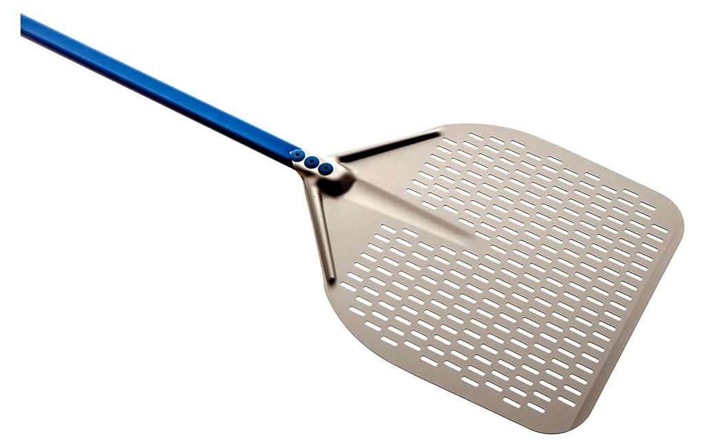 Pizzaschaufel Linie A-50RF, Kopf 50 x 50 cm, Grifflänge 150 cm, Gewicht 1,35 kg, Kopf aus eloxiertem Aluminium, Griff in hellblau
