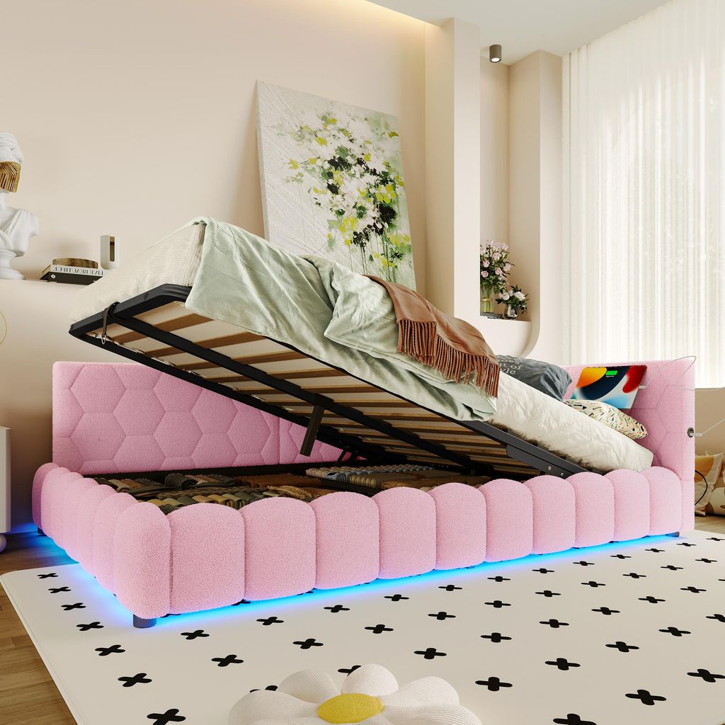 Schlafsofa mit Bettfunktion, Stauraum und LED-Beleuchtung 140x200 cm, Polsterbett, Doppelbett, Vlies