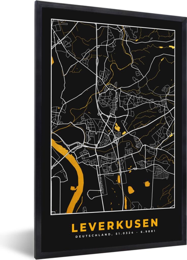 MuchoWow Gerahmtes Poster Leverkusen - Gold - Stadtplan - Deutschland - Karte 60x90 cm - Poster mit Schwarzem Bilderrahmen Wandposter Rahmen Foto...