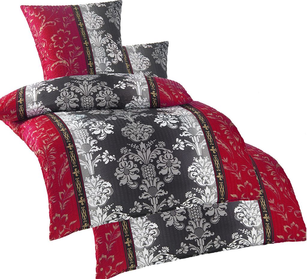 4-tlg. Seersucker Bettwäsche 2x (135x200 +80x80cm), rot grau schwarz, Ornamente, bügelfrei