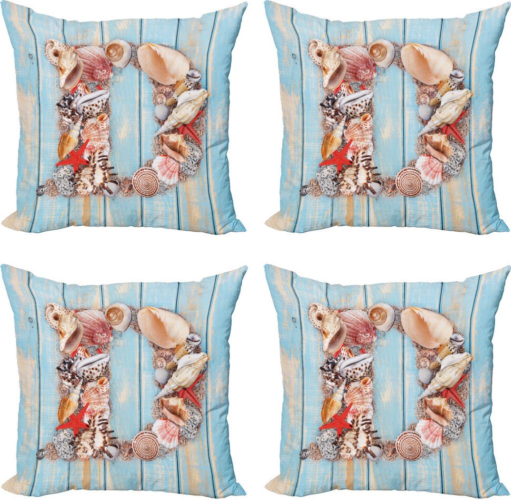 ABAKUHAUS Buchstabe D Kissenbezug Set (4 Stück), Marine-Themen-Alphabet, Moderner Doppelseitiger Digitaldruck, 60 cm x 60 cm, Dunkle Coral Blassblau