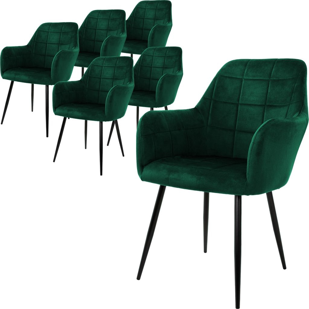 A set of six dark green velvet dining chairs with black metal legs, arranged in two rows.