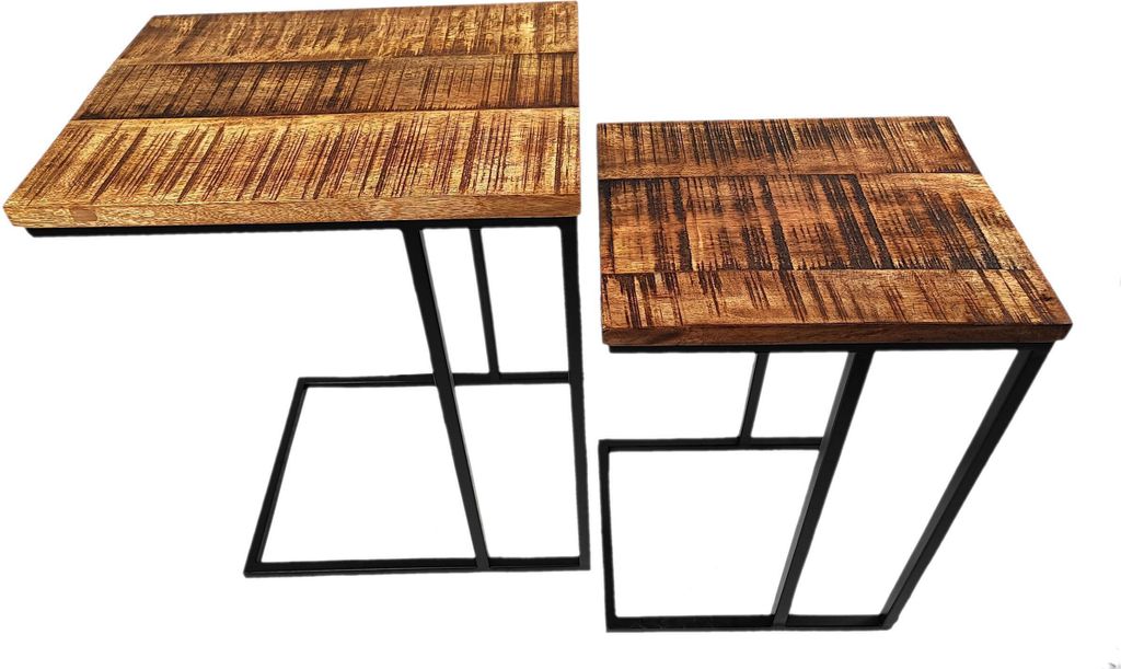 Mango Holz Couch-Tisch braun schwarz 2er Set 54 und 60cm natur Beistelltisch Deko Nachttisch