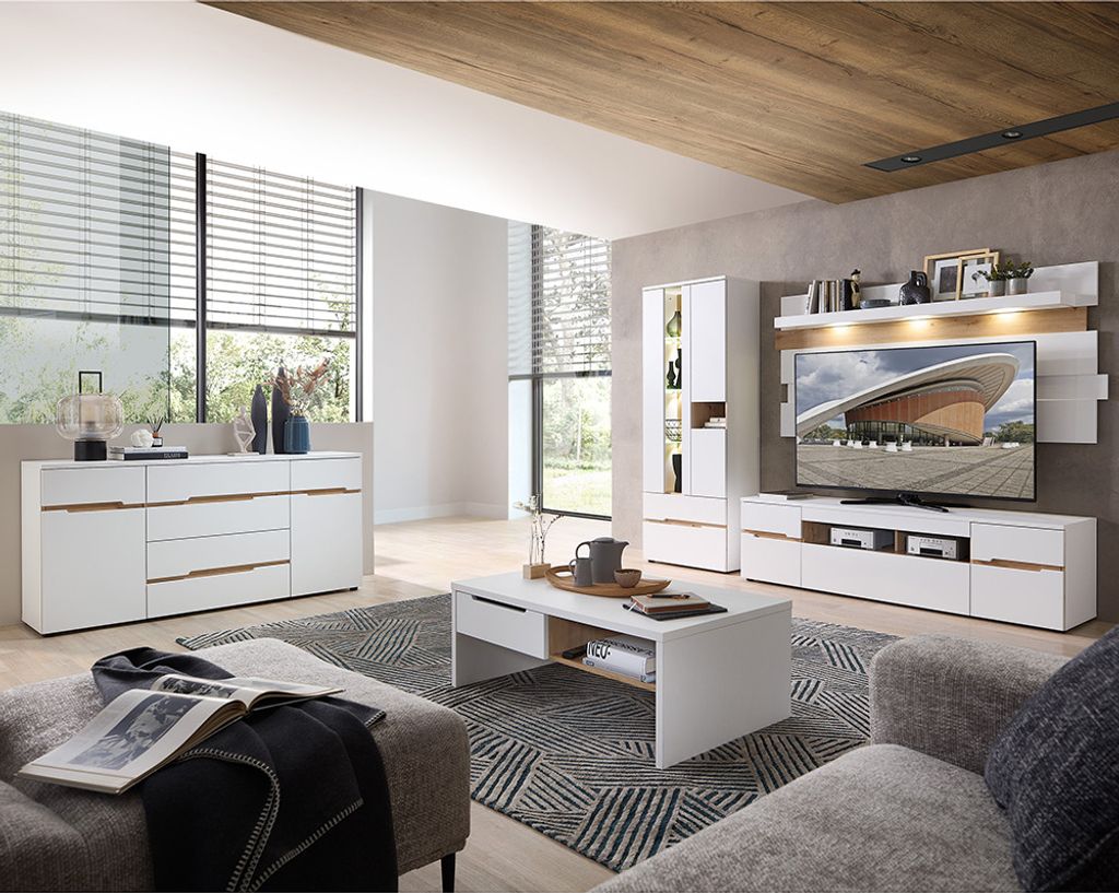 Wohnzimmer Set mit Couchtisch und LED-Beleuchtung, weiß supermatt mit Eiche, 5-teilig - MANRESA-36