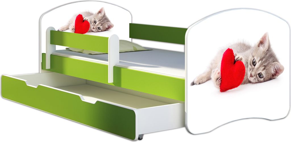 ACMA Jugendbett Kinderbett Junior-Bett Komplett-Set mit Matratze Lattenrost und Rausfallschutz Grün 40 Katze mit Herz 160x80 + Bettkasten