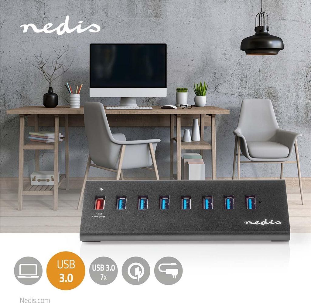 Nedis USB-Hub / USB Micro-B Buchse / USB-A Buchse / 8-Port port(s) / QC3.0 / USB 3.2 Gen 1 / Netzstromversorgung / Stromversorgung über USB / 5 Gb...