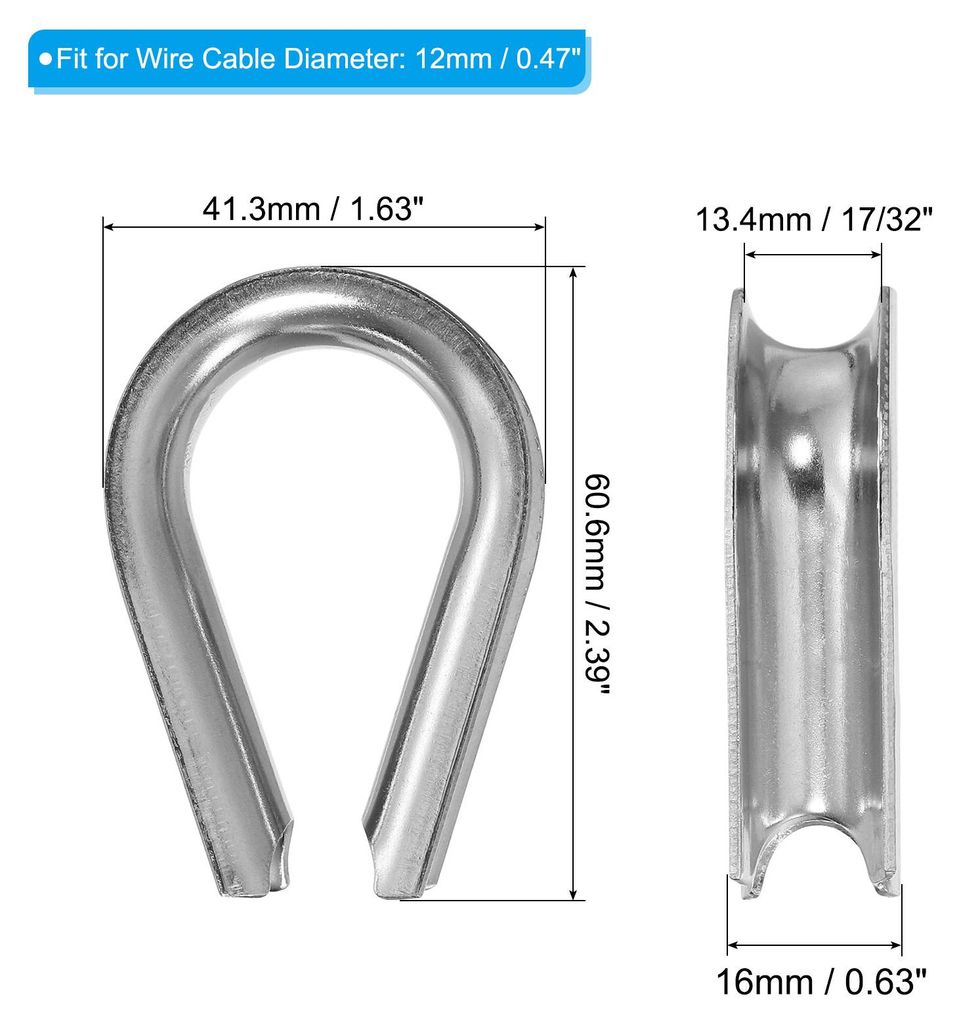 12mm 1/2 Zoll Drahtseil-Kausche, 2er-Pack Kabel-Kauschen aus 304 Edelstahl fš¹r Boot-Rigging