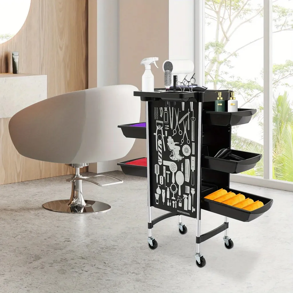 Trolley de coiffure professionnel avec tablette rabattable et 5 bacs