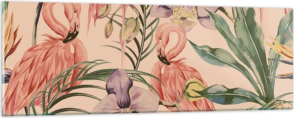 Bilder auf glas - Flamingos Pflanzen Vogel exotisch - 90x30cm - Glasbilder - Wandbilder - Kunstdruck - zum Aufhängen bereit - Wanddekoration aus G...