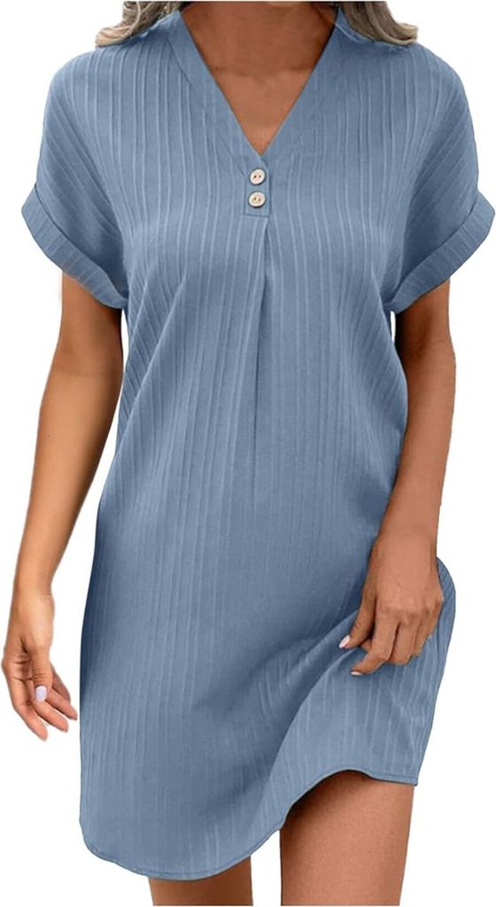 ASKSA Damen Musselin Kleid Sommer V-Ausschnitt Luftige Midikleid Einfarbige mit Knoepfen Kurzarm Sommerkleid, Blau, Groesse: L