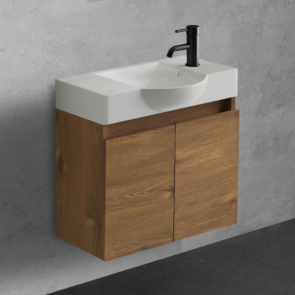 Alpenberger Waschbecken mit Unterschrank 55 cm | Gäste WC Waschtisch hängend vormontiert | Keramik Waschbecken + Softclose Badmöbel Set Eiche