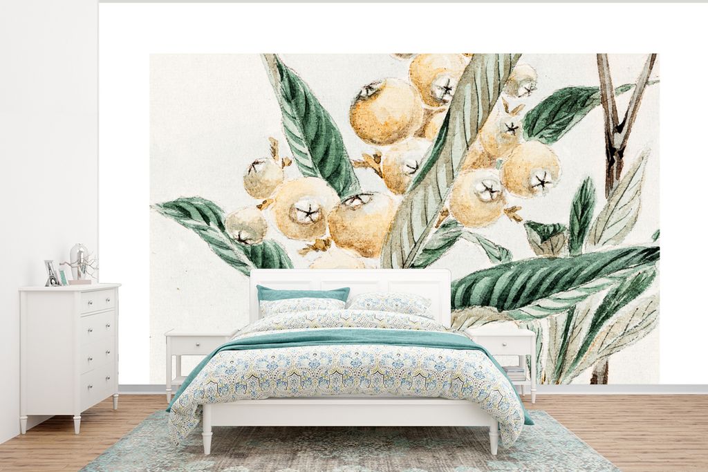 MuchoWow Fototapete für Wohnzimmer oder Schlafzimmer Wandtapete Vinyl Motivtapete Beere - Blätter - Japanisch - 295x220 cm - Wand Tapete