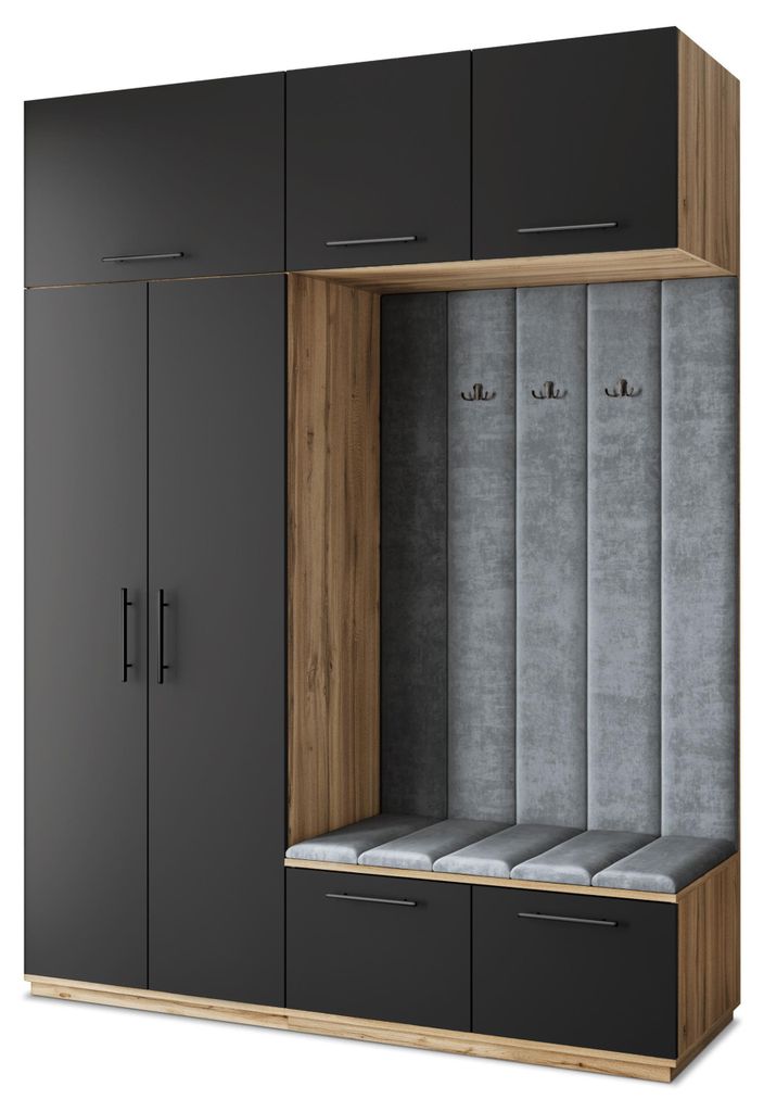Masseno Garderobe-Set REMA 180/240/60 cm Modern Garderobenschrank Eiche Wotan, Veloursstoff MONOLITH 85 (Grau)
