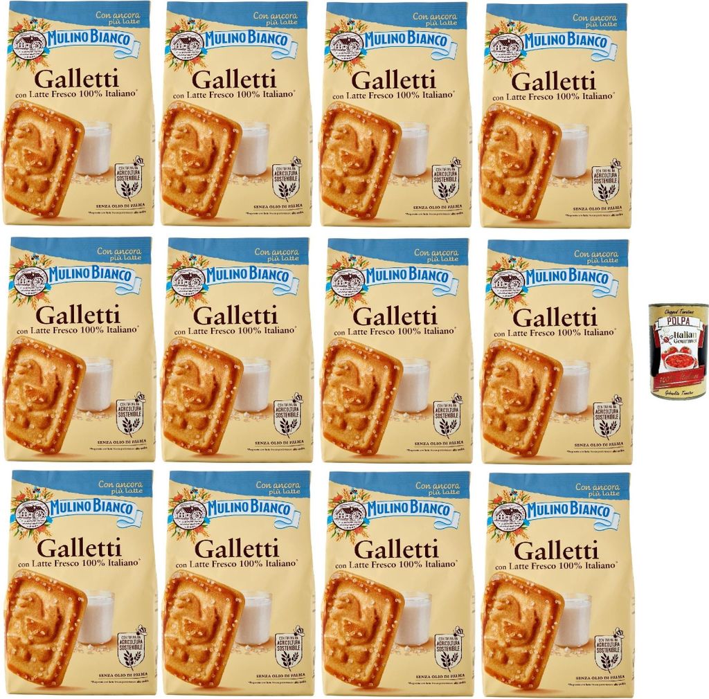 Mulino Bianco Biscotti Frollini Galletti, Kekse Mit frischer Milch 100% Italienisch, Ohne Palmöl, Frühstück voller Geschmack, 12x 350 g + Italia...