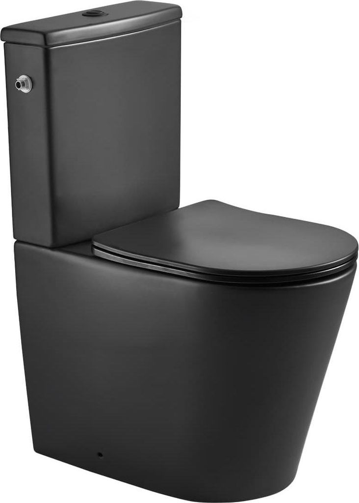 FINE Stand-WC Kombi-WC Toilette mit Spülkasten komplette Set Wasseranschluss links/rechts spülrandlos mit SoftClose WC-Sitz, schwarz matt