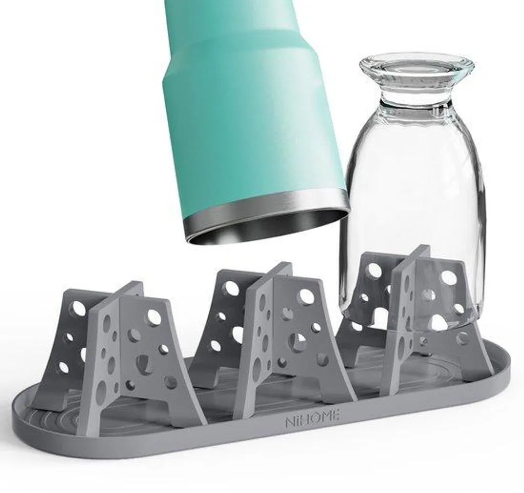 Stop bouteilles qui roulent : Support silicone gris avec tablette de fixation