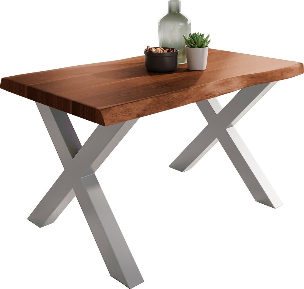 Esstisch Baumkante massiv Akazie Nuss 140 x 80 X-Gestell silber ATLAS
