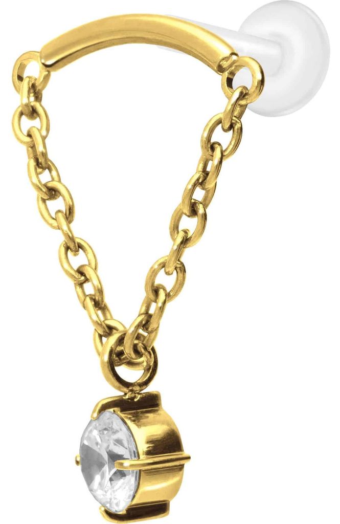 Ohrpiercing, Nasenpiercing PTFE Labret mit Innengewinde + Titan-Aufsatz BOGEN + KETTE + KRISTALL Gold Stablänge: 8mm | Stabstärke: 1,2mm