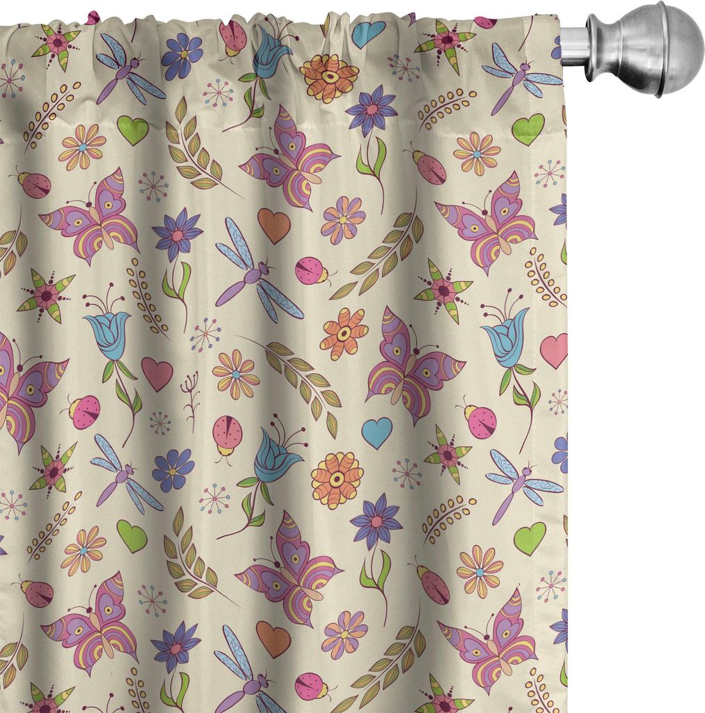 ABAKUHAUS Blumen Vorhänge, Gardinen, Muster mit abstrakten bunten Blumen Libellen-Schmetterlings-Marienkäfer-Gekritzel-Verzierungen, 2 Stück 75 ...