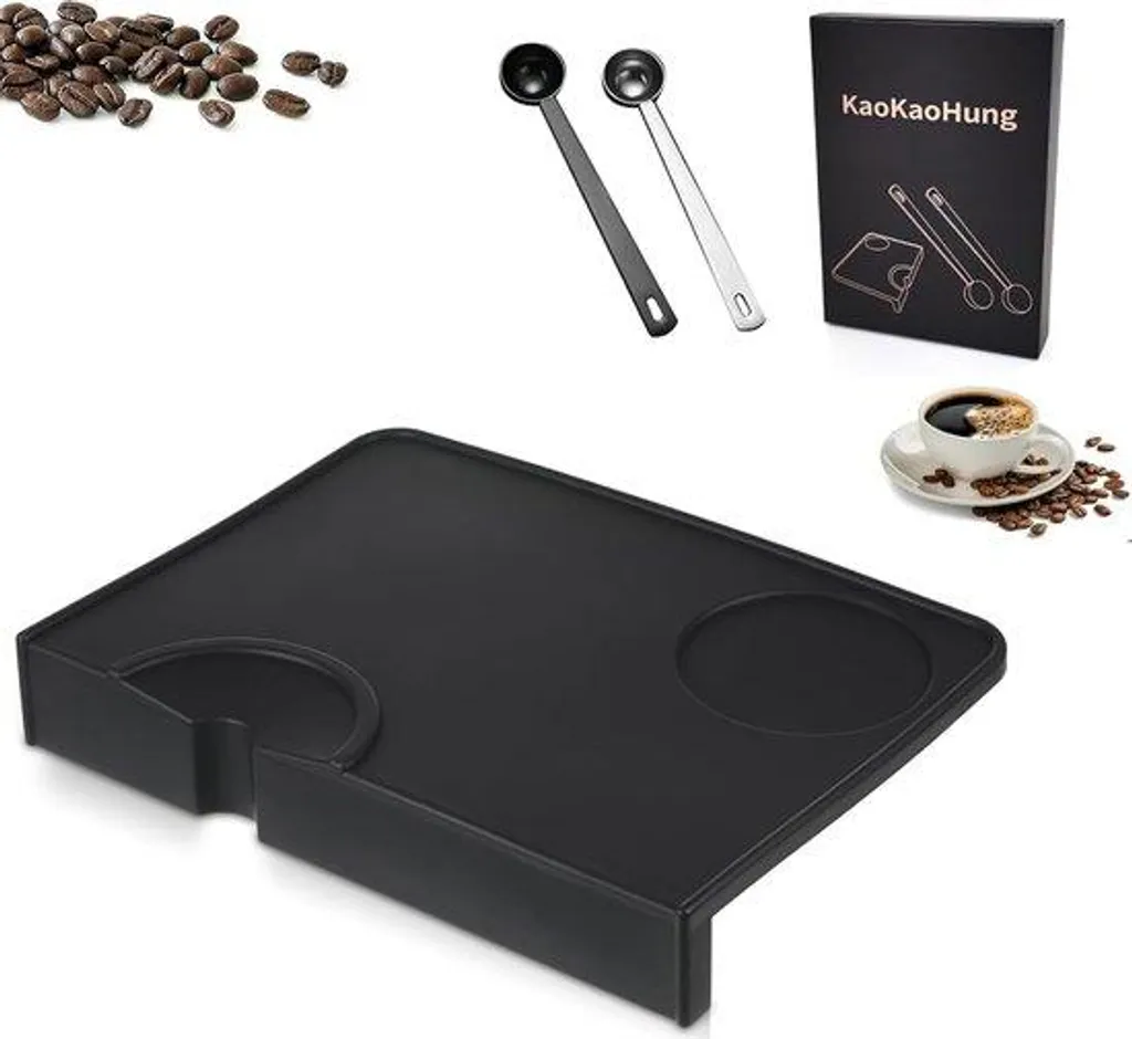 Tapis à Café Antidérapant en Silicone et Set de 2 Cuillères Inox