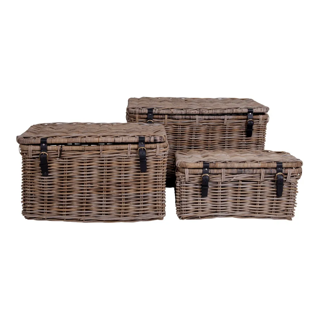 Paniers de Rangement en Kubu Gris et Cuir - Set de 3 Boîtes de Déco