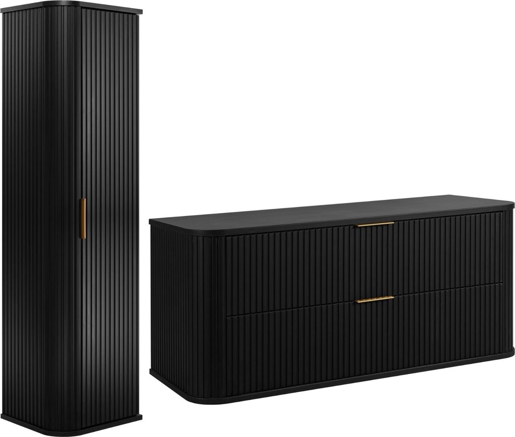RODAN | Badmöbel Set - 120,4 cm - 2-teilig - Schwarz - Hochwertige MDF Fronten - Badezimmermöbel - Hochschrank - Waschbeckenunterschränke